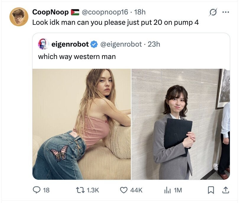 CoopNoop @coopnoop16.1 18h ... Look idk man can you please just put 20 on pump 4 eigenrobot @eigenrobot.23h which way western man 18 1.3K 44K del 1M