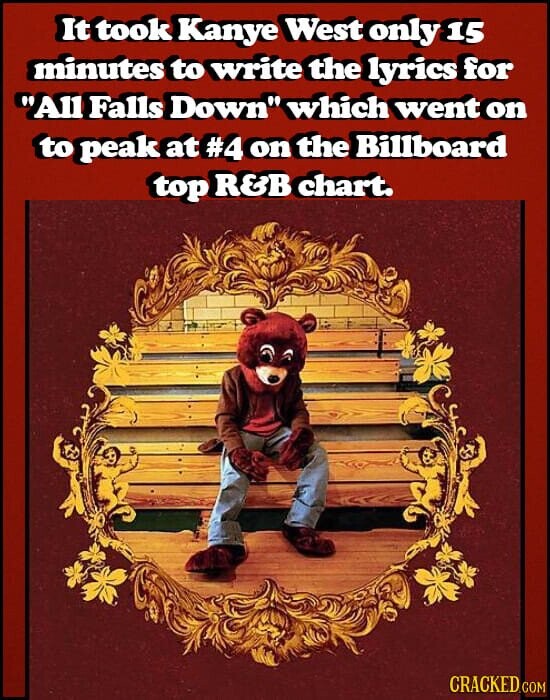 It took Kanye West only 15 minutes to write the lyrics for All Falls Down which went on to peak at #4 on the Billboard top R&B chart. CRACKED.COM