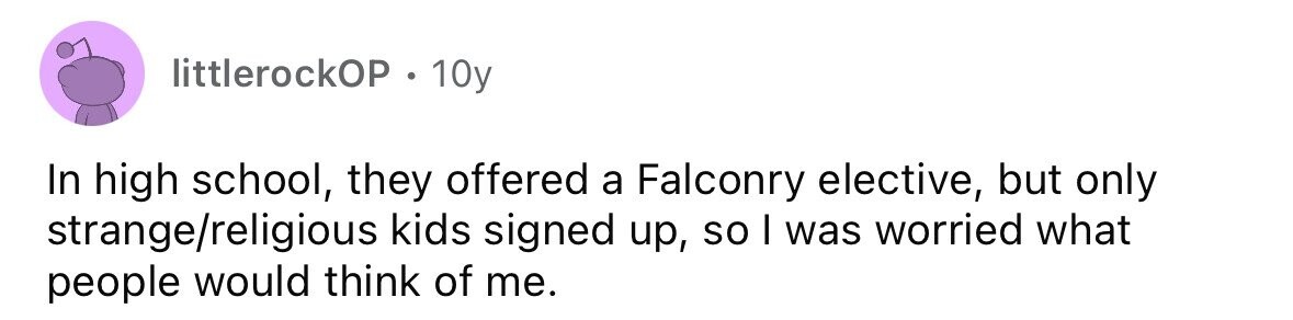 littlerockOP . 10y In high school, they offered a Falconry elective, but only strange/religious kids signed up, so I was worried what people would think of me.