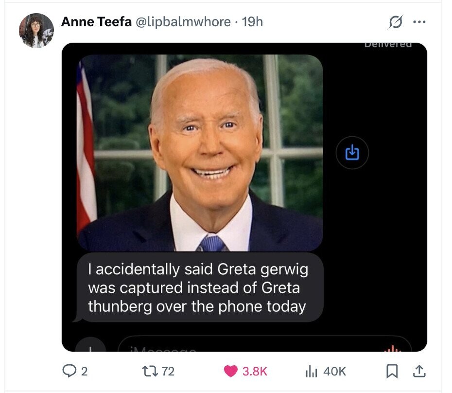 Anne Teefa @lipbalmwhore 19h G ... Delivered I accidentally said Greta gerwig was captured instead of Greta thunberg over the phone today A 2 72 3.8K 40K