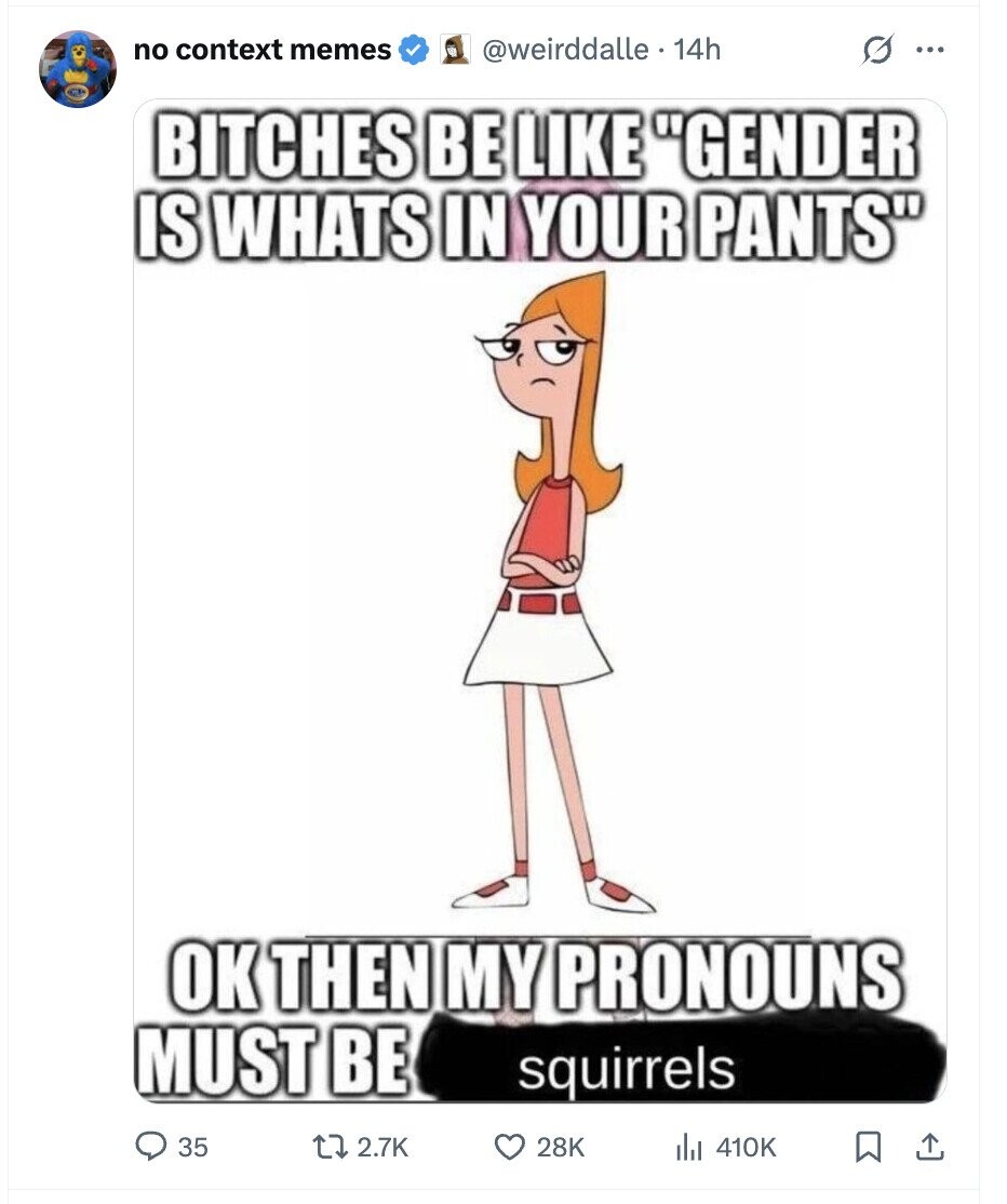 no context memes @weirddalle 14h G ... BITCHES BE LIKE GENDER IS WHATS IN YOUR PANTS OK THEN MY PRONOUNS MUST BE squirrels 35 2.7K 28K del 410K