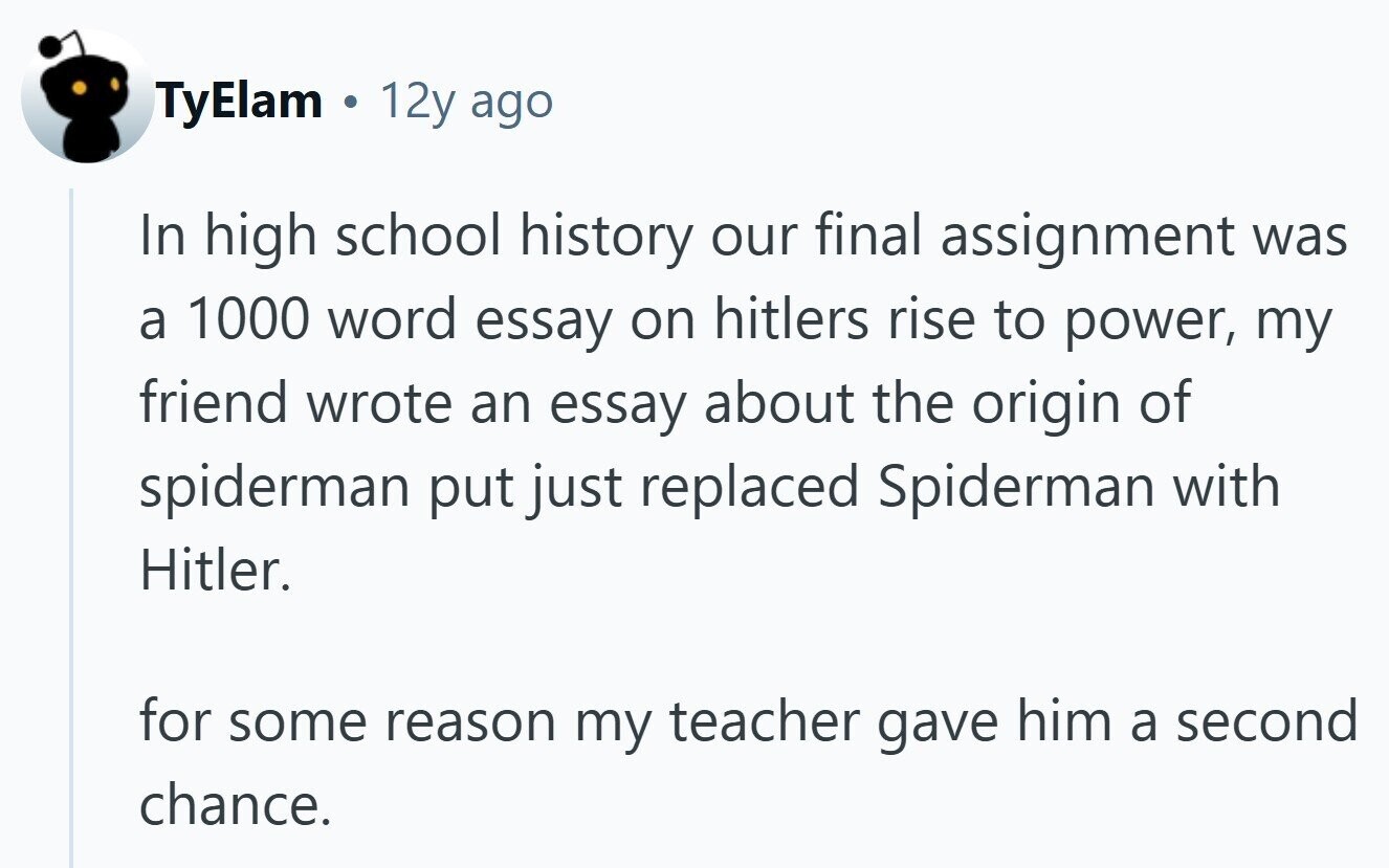 TyElam 12y ago In high school history our final assignment was a 1000 word essay on hitlers rise to power, my friend wrote an essay about the origin of spiderman put just replaced Spiderman with Hitler. for some reason my teacher gave him a second chance.