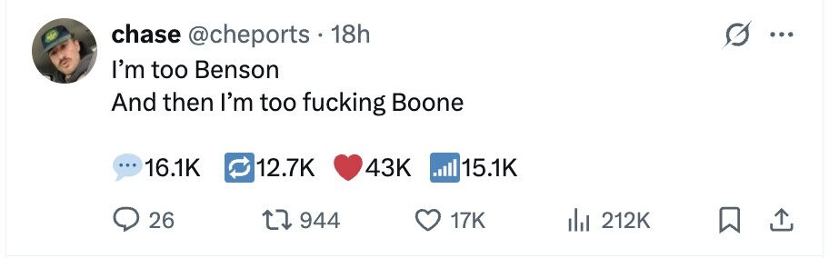 chase @cheports . 18h ... I'm too Benson And then I'm too fucking Boone ... 16.1K 12.7K 43K 15.1K 26 944 17K 212K
