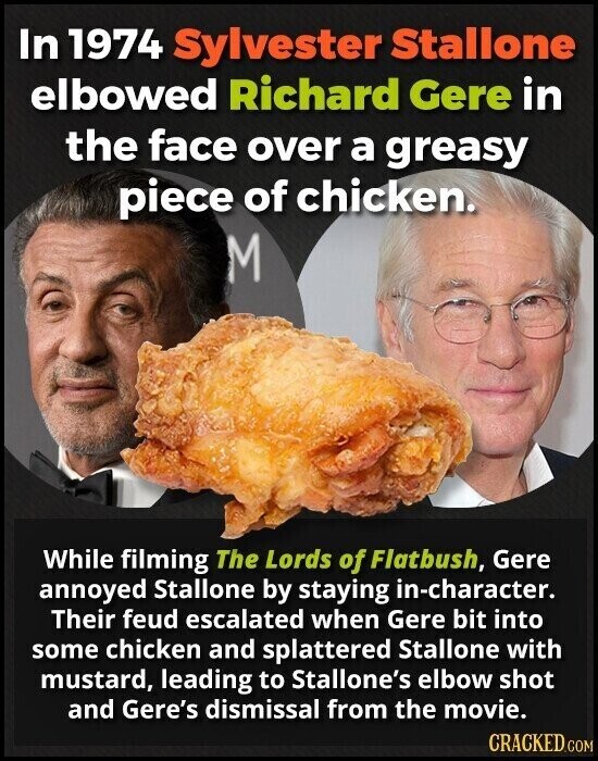 In 1974 Sylvester Stallone elbowed Richard Gere in the face over a greasy piece of chicken. M While filming The Lords of Flatbush, Gere annoyed Stallone by staying in-character. Their feud escalated when Gere bit into some chicken and splattered Stallone with mustard, leading to Stallone's elbow shot and Gere's dismissal from the movie. CRACKED.COM