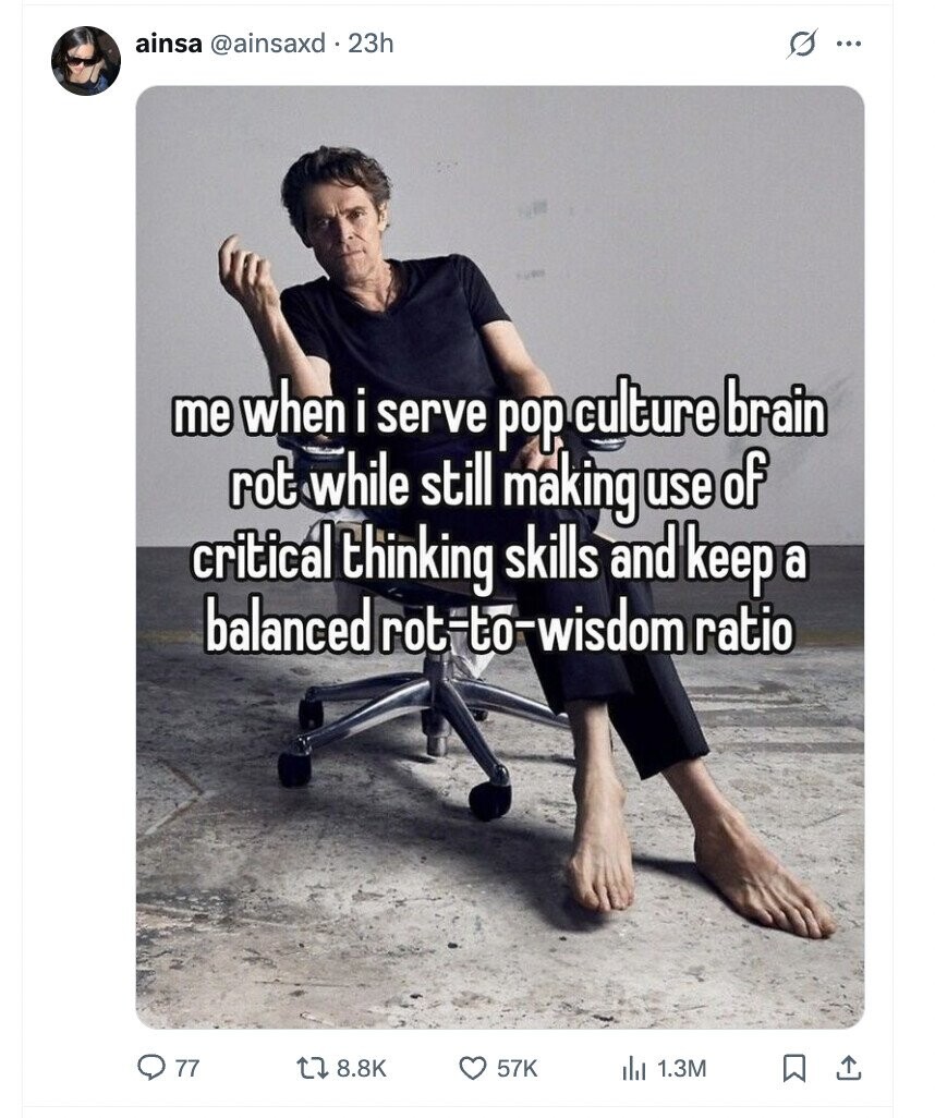 s ainsa @ainsaxd 1.23h ... me when i serve pop culture brain rot while still making use of critical thinking skills and keep a balanced rot-to-wisdom ratio 77 8.8K 57K 1.3M
