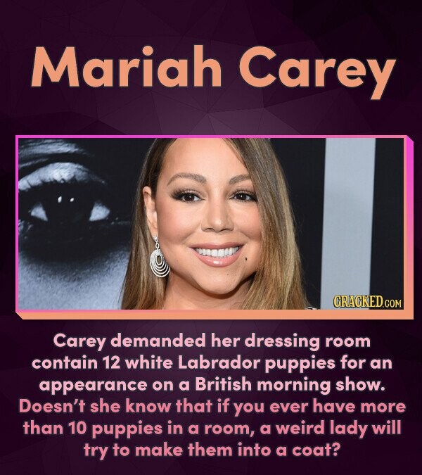 Mariah Carey Carey demanded her dressing room contain 12 white Labrador puppies for an appearance on a British morning show. Doesn't she know that if