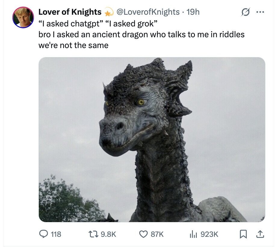 Lover of Knights @LoverofKnights 19h ... I asked chatgpt I asked grok bro I asked an ancient dragon who talks to me in riddles we're not the same 118 9.8K 87K del 923K