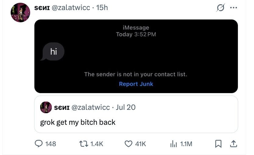 SENI @zalatwicc. - 15h ... iMessage Today 3:52 PM hi The sender is not in your contact list. Report Junk SENI @zalatwicc.Jul 20 grok get my bitch back 148 1.4K 41K del 1.1M