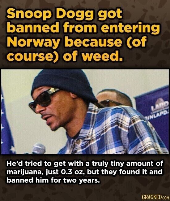 Snoop Dogg got banned from entering Norway because (of course) of weed. LARD INLAPD. He'd tried to get with a truly tiny amount of marijuana, just 0.3 oz, but they found it and banned him for two years. CRACKED.COM