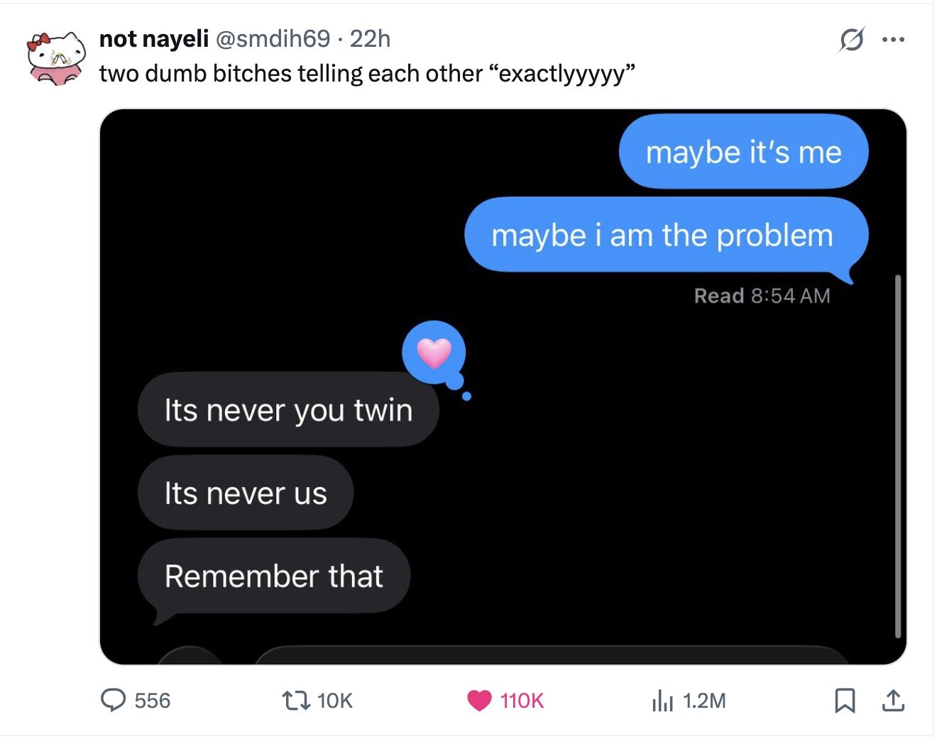 not nayeli @smdih69.22h G ... two dumb bitches telling each other exactlyyyyy maybe it's me maybe i am the problem Read 8:54 AM Its never you twin Its never us Remember that 10K 556 110K del 1.2M