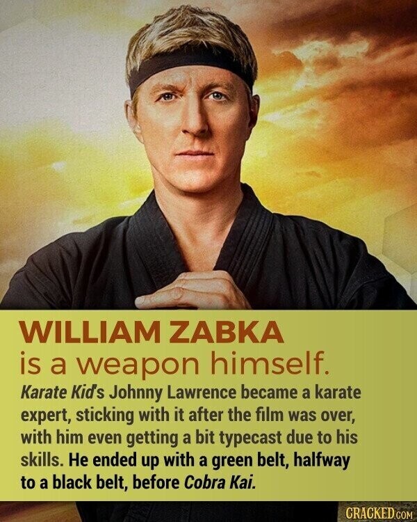 WILLIAM ZABKA is a weapon himself. Karate Kid's Johnny Lawrence became a karate expert, sticking with it after the film was over, with him even getting a bit typecast due to his skills. Не ended up with a green belt, halfway to a black belt, before Cobra Kai. CRACKED.COM
