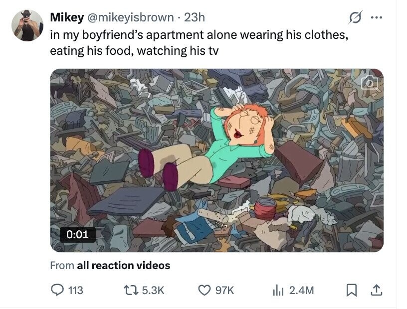 Mikey @mikeyisbrown 23h ... in my boyfriend's apartment alone wearing his clothes, eating his food, watching his tv 0:01 From all reaction videos 113 5.3K 97K dil 2.4M