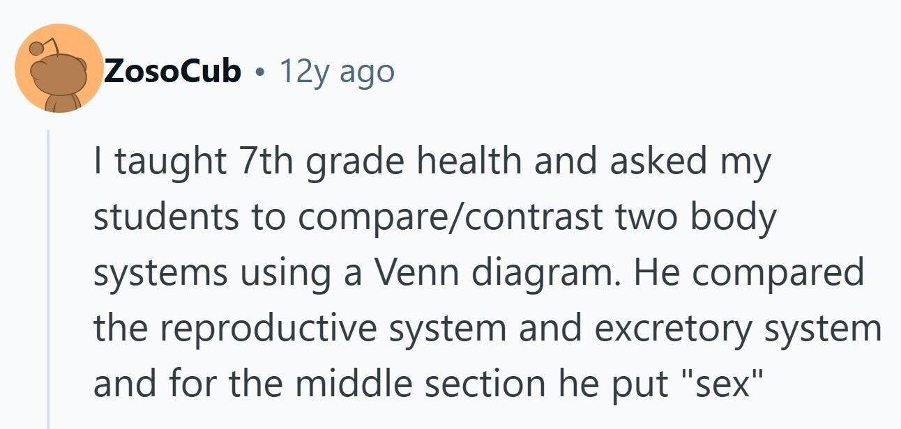 ZosoCub . 12y ago I taught 7th grade health and asked my students to compare/contrast two body systems using a Venn diagram. Не compared the reproductive system and excretory system and for the middle section he put sex