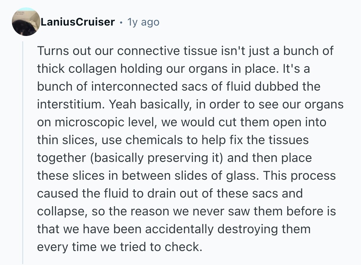 LaniusCruiser 1y ago Turns out our connective tissue isn't just a bunch of thick collagen holding our organs in place. It's a bunch of interconnected sacs of fluid dubbed the interstitium. Yeah basically, in order to see our organs on microscopic level, we would cut them open into thin slices, use chemicals to help fix the tissues together (basically preserving it) and then place these slices in between slides of glass. This process caused the fluid to drain out of these sacs and collapse, so the reason we never saw them before is that we have been accidentally destroying them