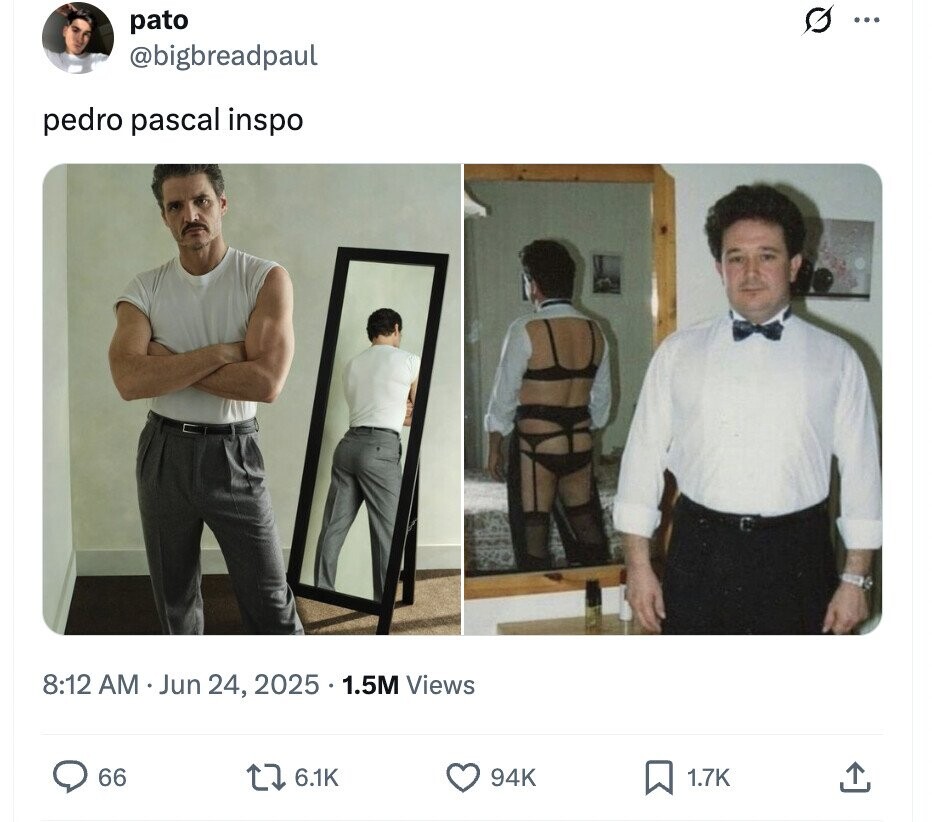 G ... pato @bigbreadpaul pedro pascal inspo 8:12 AM Jun 24, 2025 1.5M Views 66 6.1K 94K 1.7K