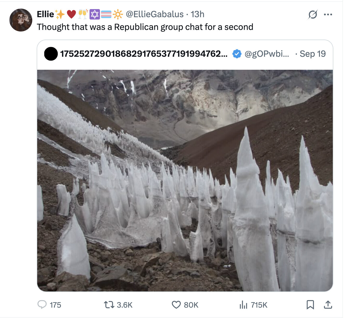 Ellie @EllieGabalus . 13h S ... Thought that was a Republican group chat for a second 17525272901868291765377191994762... @gOPwbi... Sep 19 3.6K 175 80K 715K