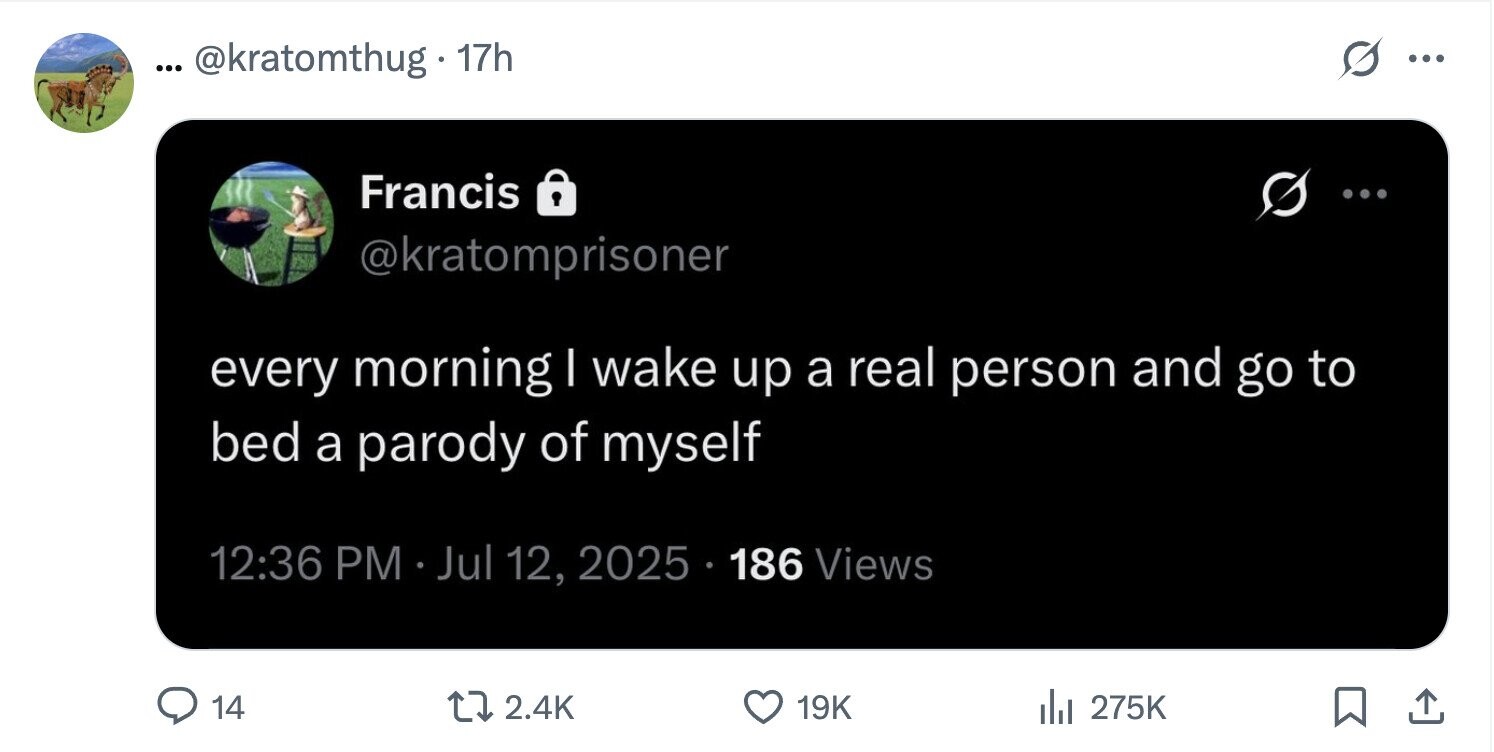 s ... .. @kratomthug 17h ... Francis ... @kratomprisoner every morning I wake up a real person and go to bed a parody of myself 12:36 PM Jul 12, 2025 . 186 Views 14 2.4K 19K del 275K