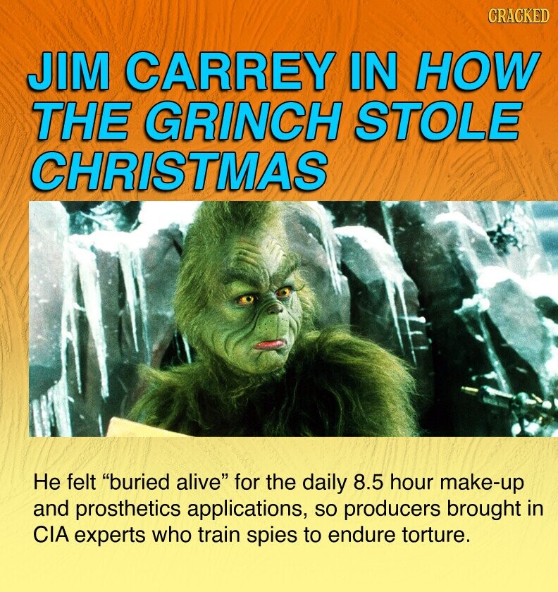 GRACKED JIM CARREY IN HOW THE GRINCH STOLE CHRISTMAS Не felt buried alive for the daily 8.5 hour make-up and prosthetics applications, so producers brought in CIA experts who train spies to endure torture.