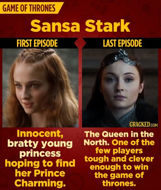 GAME OF THRONES Sansa Stark FIRST EPISODE LAST EPISODE CRACKED.COM Innocent, The Queen in the bratty young North. One of the few players princess tough and clever hoping to find enough to win her Prince the game of Charming. thrones.