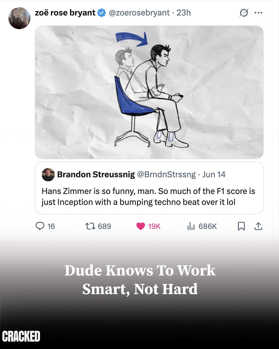 G ... zoë rose bryant @zoerosebryant.23h Brandon Streussnig @BrndnStrssng Jun 14 Hans Zimmer is so funny, man. So much of the F1 score is just Inception with a bumping techno beat over it lol 16 689 19K del 686K Dude Knows To Work Smart, Not Hard CRACKED