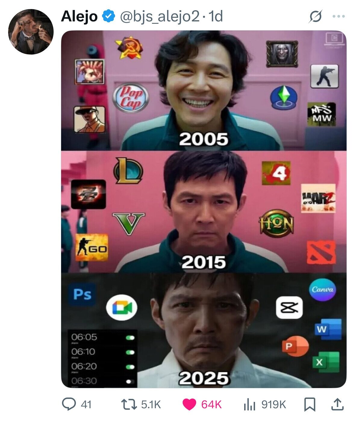 Alejo @bjs_alejo2. 1d ... Pop Cap NFS MW 2005 L 4 HARZ 0 HON GO 2015 Canva Ps W 06:05 Alam P 06:10 - x 06:20 06:30 2025 64K 919K 41 5.1K 