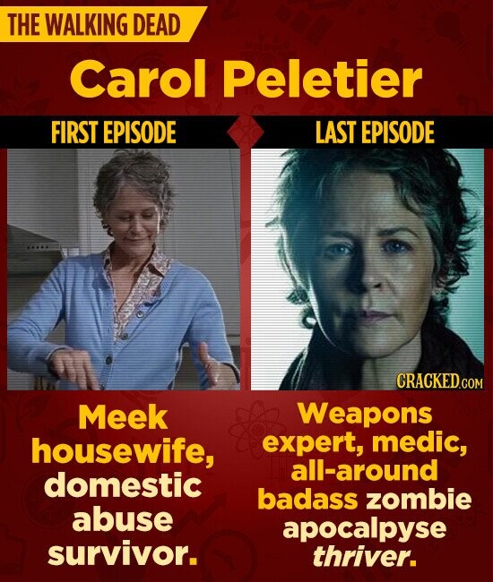 THE WALKING DEAD Carol Peletier FIRST EPISODE LAST EPISODE CRACKED.COM Weapons Meek expert, medic, housewife, all-around domestic badass zombie abuse apocalpyse survivor. thriver.