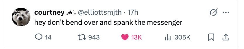 courtney + @elliottsmjth 17h hey don't bend over and spank the messenger 14 943 13K 305K
