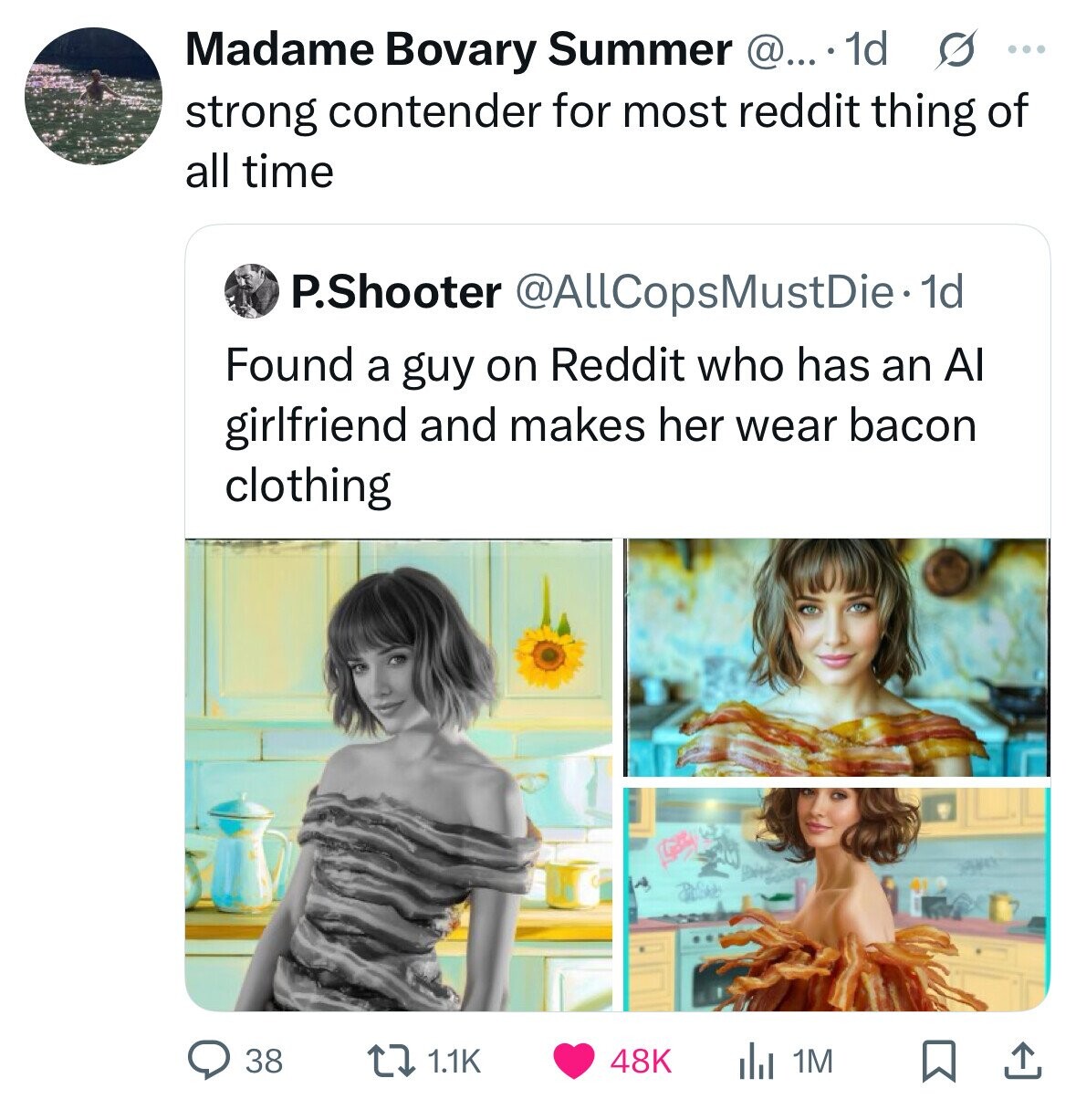 Madame Bovary Summer @... . 1d s ... strong contender for most reddit thing of all time P.Shooter @AllCopsMustDie- 1d Found a guy on Reddit who has an Al girlfriend and makes her wear bacon clothing 38 1.1K 48K 1M 
