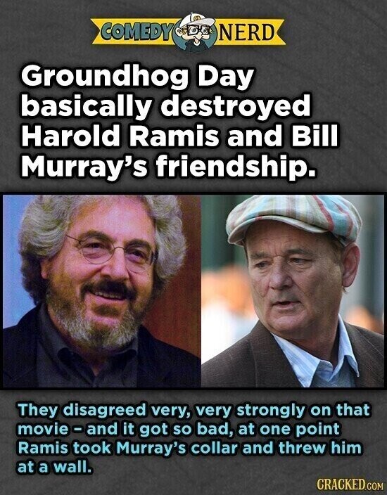 COMEDY NERD Groundhog Day basically destroyed Harold Ramis and Bill Murray's friendship. They disagreed very, very strongly on that movie-and it got so bad, at one point Ramis took Murray's collar and threw him at a wall. CRACKED.COM