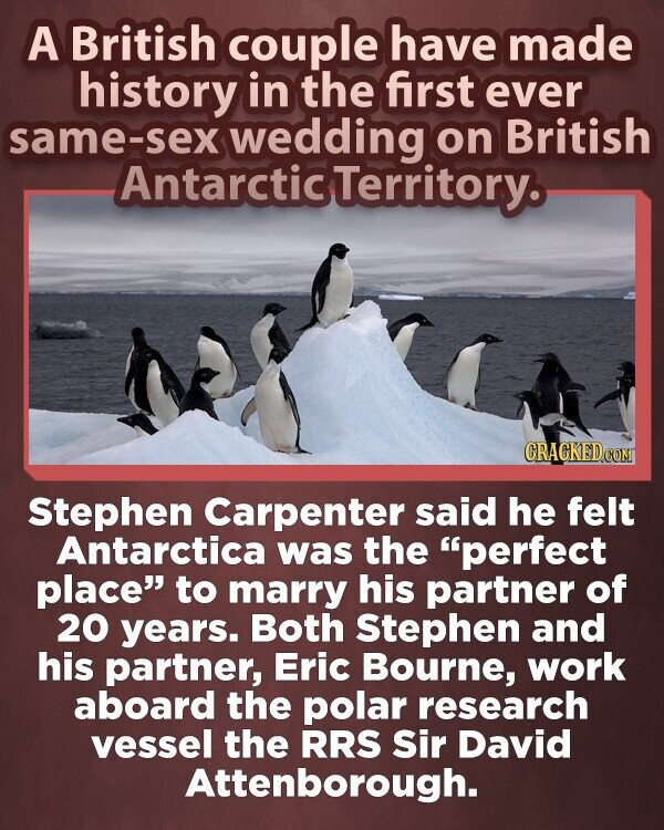 A British couple have made history in the first ever same-sex wedding on British Antarctic Territory. CRACKED.COM Stephen Carpenter said he felt Antarctica was the perfect place to marry his partner of 20 years. Both Stephen and his partner, Eric Bourne, work aboard the polar research vessel the RRS Sir David Attenborough.