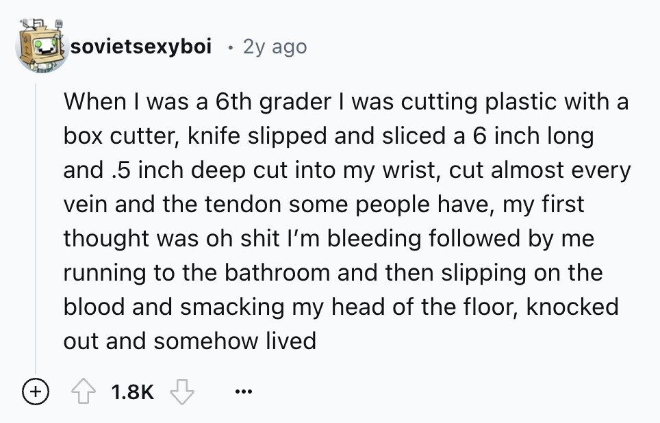 sovietsexyboi 2y ago When I was a 6th grader I was cutting plastic with a box cutter, knife slipped and sliced a 6 inch long and 5. inch deep cut into my wrist, cut almost every vein and the tendon some people have, my first thought was oh shit I'm bleeding followed by me running to the bathroom and then slipping on the blood and smacking my head of the floor, knocked out and somehow lived + 1.8K ...