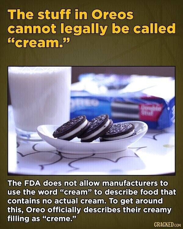 The stuff in Oreos cannot legally be called cream. Gouble The FDA does not allow manufacturers to use the word cream to describe food that contains no actual cream. To get around this, Oreo officially describes their creamy filling as creme. CRACKED.COM