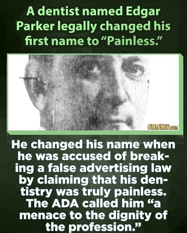 A dentist named Edgar Parker legally changed his first name to Painless. GRAGKED.COM Не changed his name when he was accused of break- ing a false advertising law by claiming that his den- tistry was truly painless. The ADA called him a menace to the dignity of the profession.