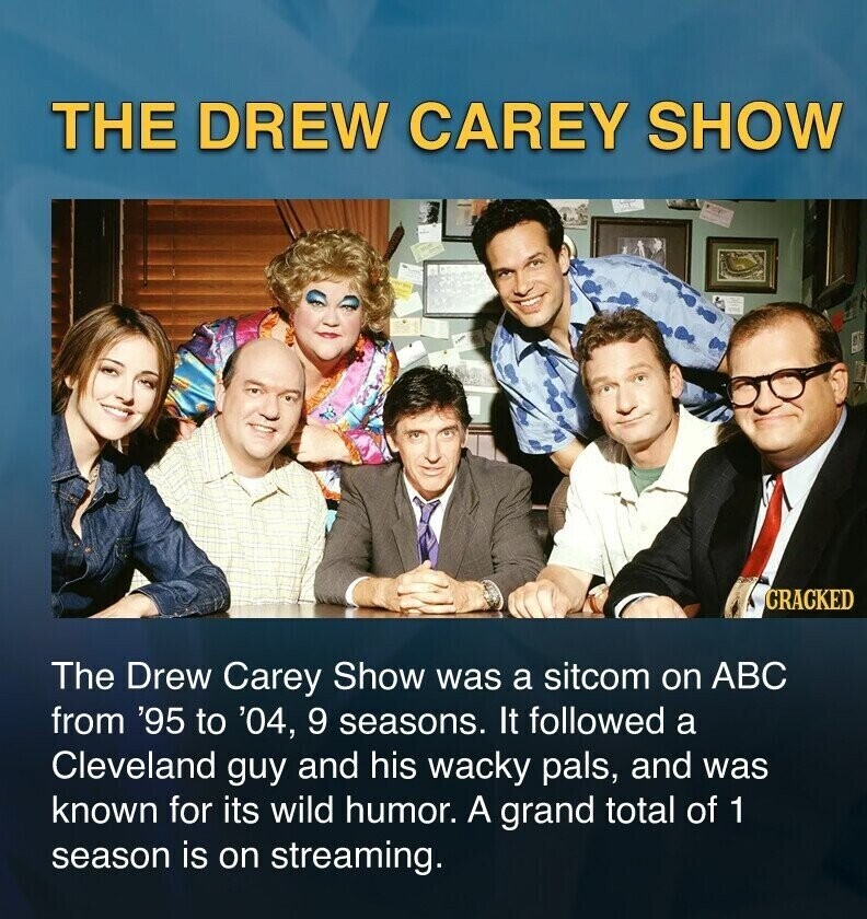 THE DREW CAREY SHOW GRACKED The Drew Carey Show was a sitcom on ABC from '95 to '04, 9 seasons. It followed a Cleveland guy and his wacky pals, and was known for its wild humor. A grand total of 1 season is on streaming.