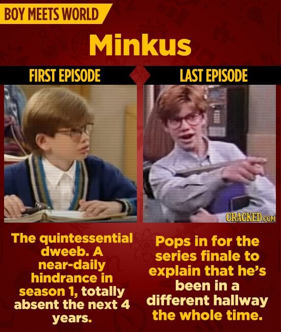 BOY MEETS WORLD Minkus FIRST EPISODE LAST EPISODE GRACKED.COM The quintessential Pops in for the dweeb. A series finale to near-daily explain that he's hindrance in been in a season 1, totally different hallway absent the next 4 the whole time. years.