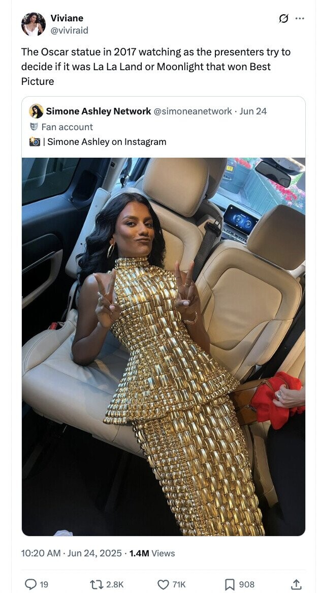 Viviane G ... @viviraid The Oscar statue in 2017 watching as the presenters try to decide if it was La La Land or Moonlight that won Best Picture Simone Ashley Network @simoneanetwork-Jun 24 Fan account Simone Ashley on Instagram 10:20 AM Jun 24, 2025 5.1.4M Views 19 2.8K 71K 908