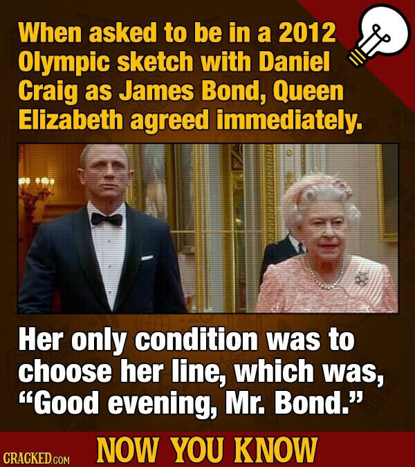 When asked to be in a 2012 Olympic sketch with Daniel Craig as James Bond, Queen Elizabeth agreed immediately. Her only condition was to choose her line, which was, Good evening, Mr. Bond. NOW YOU KNOW CRACKED.COM