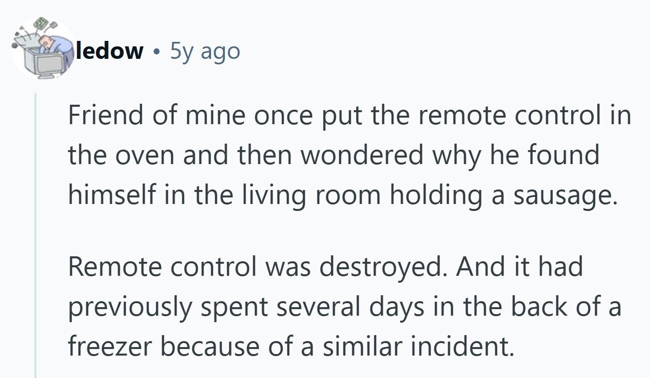 ledow . 5y ago Friend of mine once put the remote control in the oven and then wondered why he found himself in the living room holding a sausage. Remote control was destroyed. And it had previously spent several days in the back of a freezer because of a similar incident.