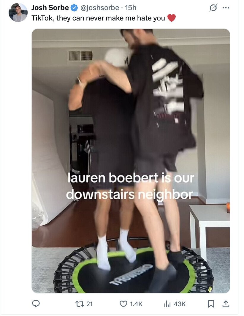 Josh Sorbe S ... @joshsorbe 15h TikTok, they can never make me hate you lauren boebert is our downstairs neighbor THOMANO 21 1.4K 43K