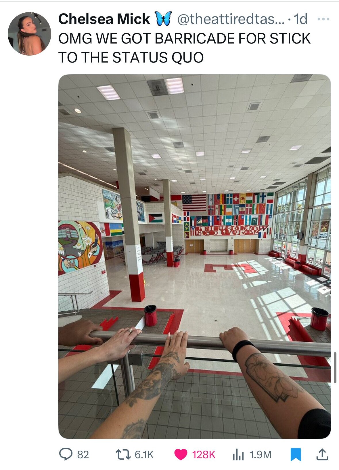 Chelsea Mick @theattiredtas... 1d ... OMG WE GOT BARRICADE FOR STICK TO THE STATUS QUO 6.1K 128K 82 1.9M 