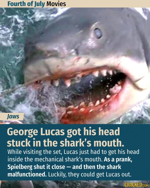 Fourth of July Movies Jaws George Lucas got his head stuck in the shark's mouth. While visiting the set, Lucas just had to get his head inside the mechanical shark's mouth. As a prank, Spielberg shut it close - and then the shark malfunctioned. Luckily, they could get Lucas out. CRACKED.COM