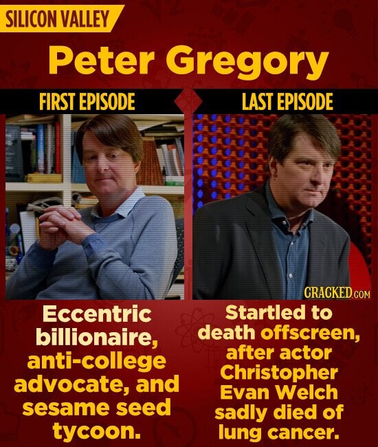 SILICON VALLEY Peter Gregory FIRST EPISODE LAST EPISODE CRACKED.COM Eccentric Startled to death offscreen, billionaire, after actor anti-college Christopher advocate, and Evan Welch sesame seed sadly died of tycoon. lung cancer.