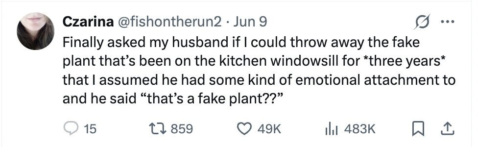 Czarina @fishontherun2.Jun 9 Finally asked my husband if I could throw away the fake plant that's been on the kitchen windowsill for *three years* that I assumed he had some kind of emotional attachment to and he said that's a fake plant?? 15 859 49K 483K