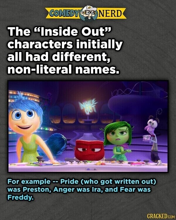 COMEDY NERD The Inside Out characters initially all had different, non-literal names. For example .. Pride (who got written out) was Preston, Anger was Ira, and Fear was Freddy. CRACKED.COM