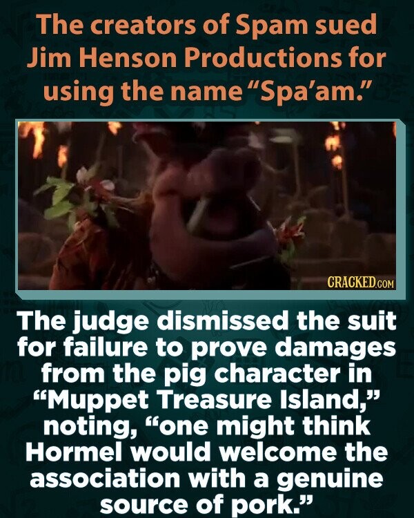 The creators of Spam sued Jim Henson Productions for using the name Spa'am. CRACKED.COM The judge dismissed the suit for failure to prove damages from the pig character in Muppet Treasure Island, noting, one might think Hormel would welcome the association with a genuine source of pork.