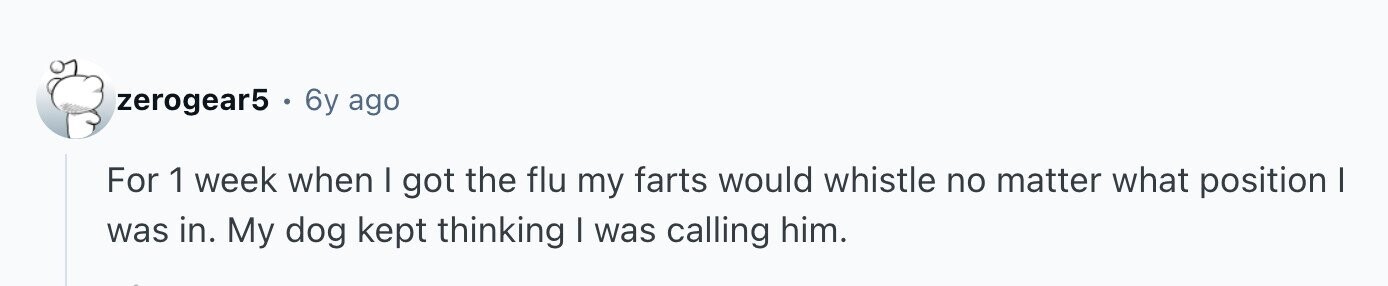 zerogear5 . 6y ago For 1 week when I got the flu my farts would whistle no matter what position I was in. My dog kept thinking I was calling him.