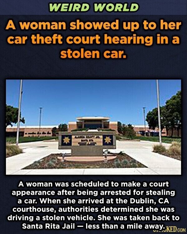 WEIRD WORLD A woman showed up to her car theft court hearing in a stolen car. A woman was scheduled to make a court appearance after being arrested for stealing a car. When she arrived at the Dublin, CA courthouse, authorities determined she was driving a stolen Jail-less vehicle. She was taken back to Santa Rita than mile a