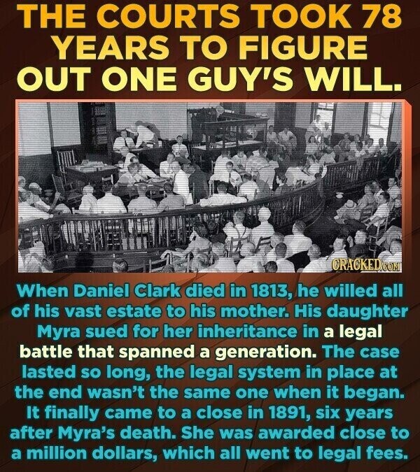 THE COURTS TOOK 78 YEARS TO FIGURE OUT ONE GUY'S WILL. CRACKED.COM When Daniel Clark died in 1813, he willed all of his vast estate to his mother. His daughter Myra sued for her inheritance in a legal battle that spanned a generation. The case lasted so long, the legal system in place at the end wasn't the same one when it began. It finally came to a close in 1891, six years after Myra's death. She was awarded close to a million dollars, which all went to legal fees.