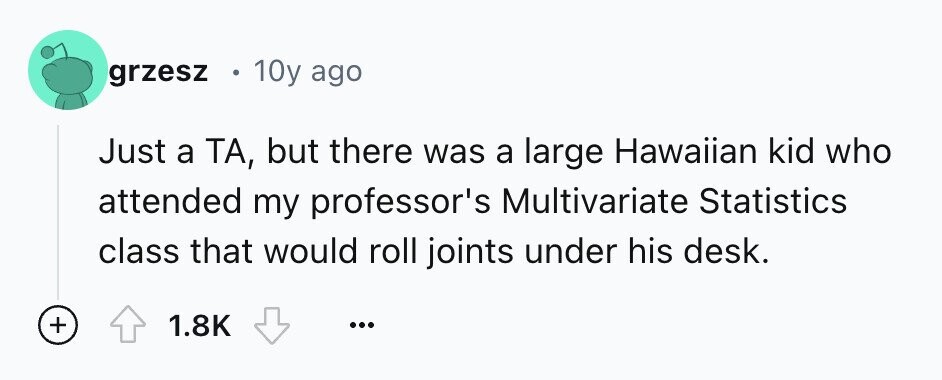 10y ago grzesz Just a ТА, but there was a large Hawaiian kid who attended my professor's Multivariate Statistics class that would roll joints under his desk. + 1.8K ...