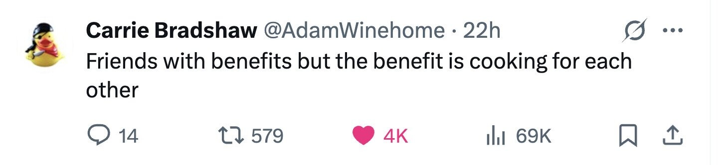 Carrie Bradshaw @AdamWinehome. 22h ... Friends with benefits but the benefit is cooking for each other 14 579 4K 69K